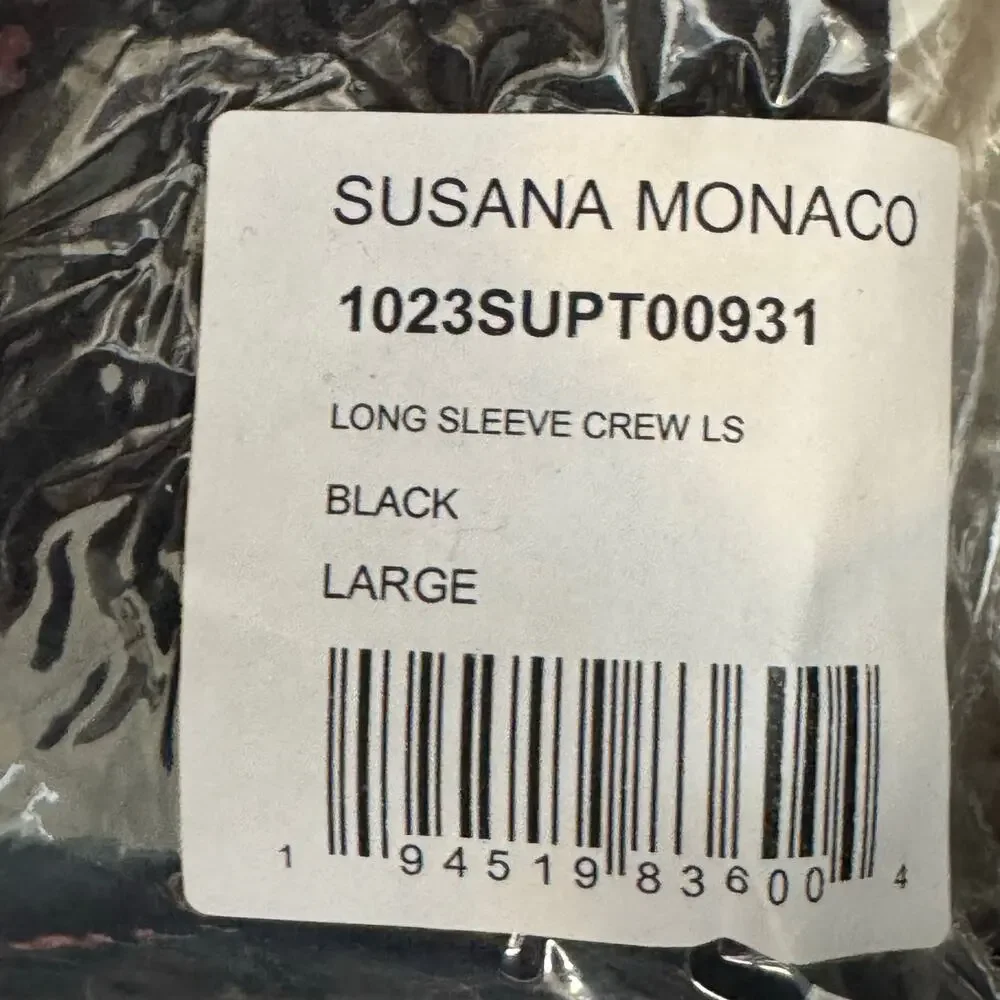 Susana Monaco Long Sleeve Crewneck Crop Top - Black NWT Size Large